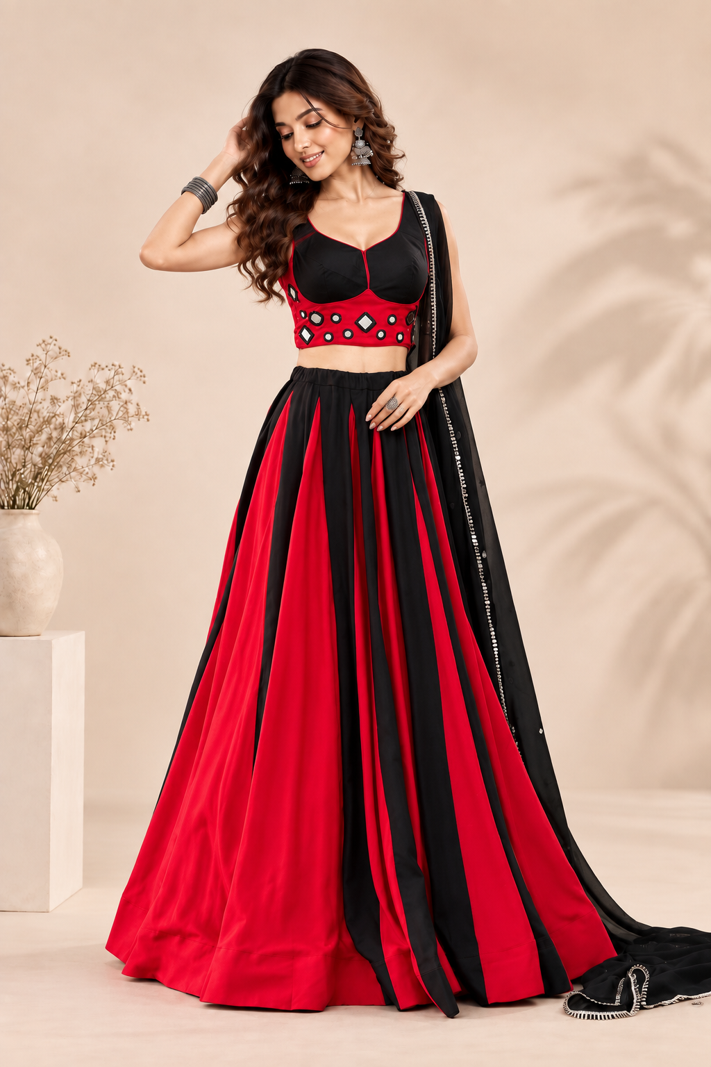 Red & Black Navratri Lehenga Choli Set with Embellished Dupatta | Festive Garba & Dandiya Outfit