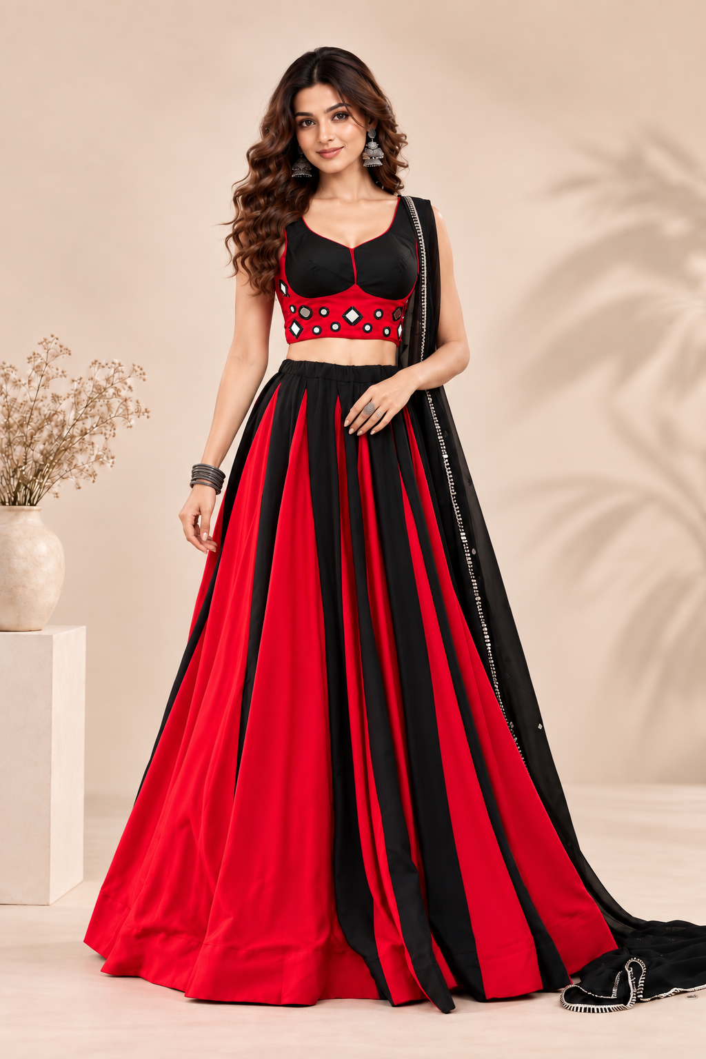 Red & Black Navratri Lehenga Choli Set with Embellished Dupatta | Festive Garba & Dandiya Outfit