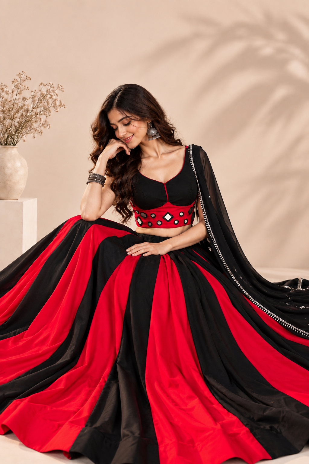 Red & Black Navratri Lehenga Choli Set with Embellished Dupatta | Festive Garba & Dandiya Outfit