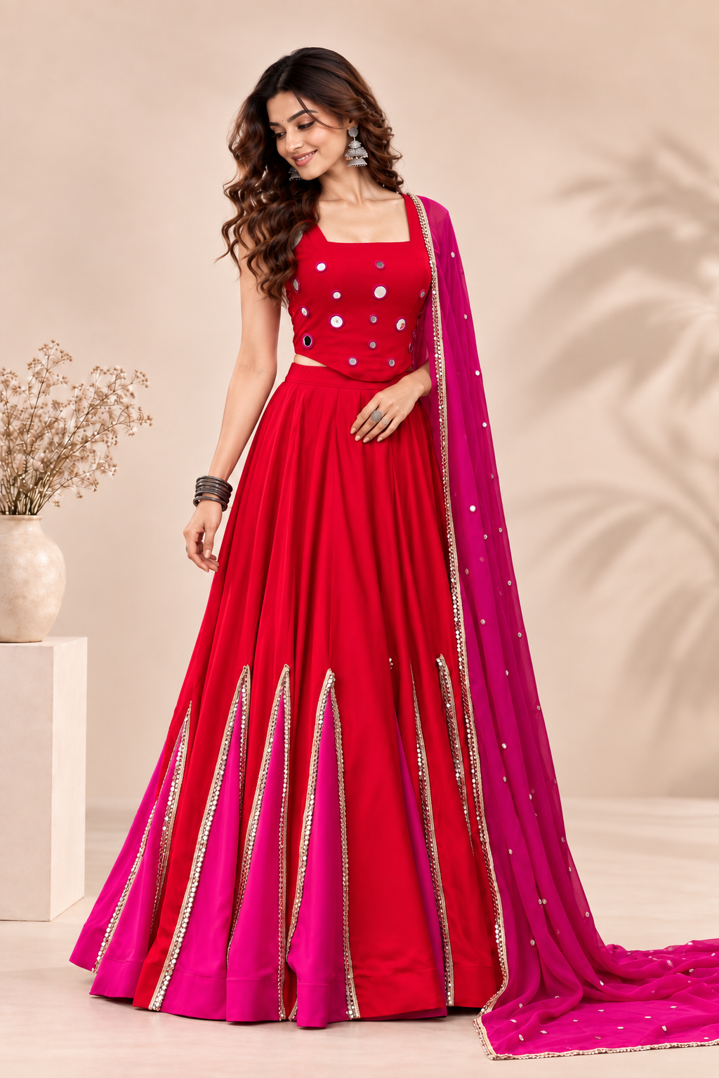Red & Pink Navratri Lehenga Choli Set with Embellished Dupatta | Festive Garba & Dandiya Outfit