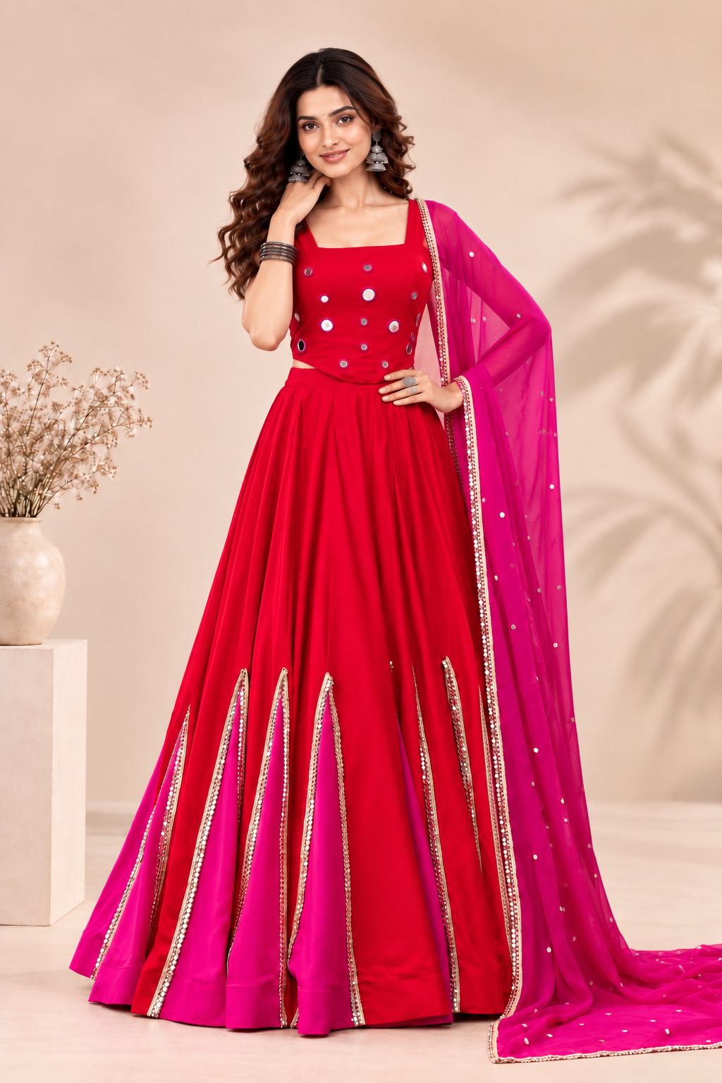 Red & Pink Navratri Lehenga Choli Set with Embellished Dupatta | Festive Garba & Dandiya Outfit