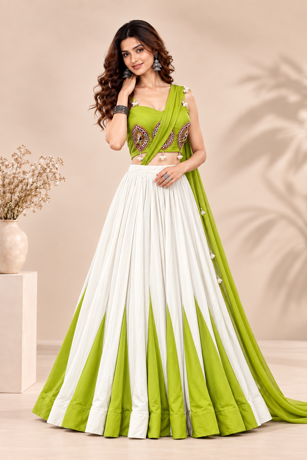 Lime Green & White Navratri Lehenga Choli Set | Mirror Work Festive Garba Outfit