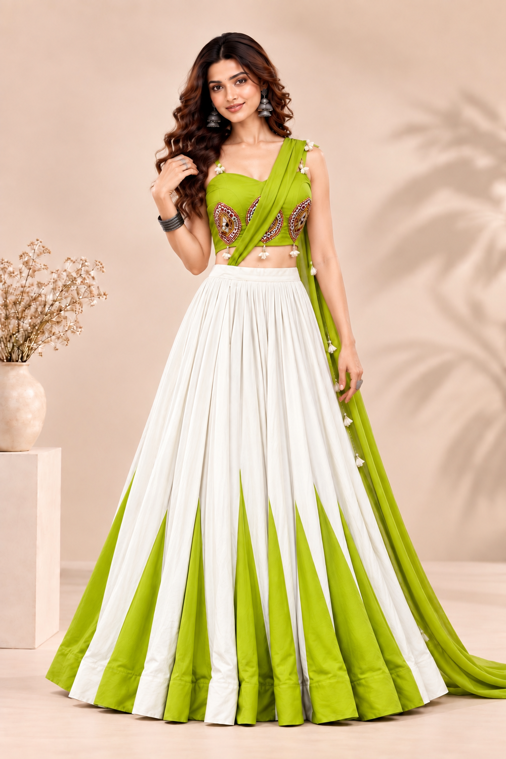 Lime Green & White Navratri Lehenga Choli Set | Mirror Work Festive Garba Outfit