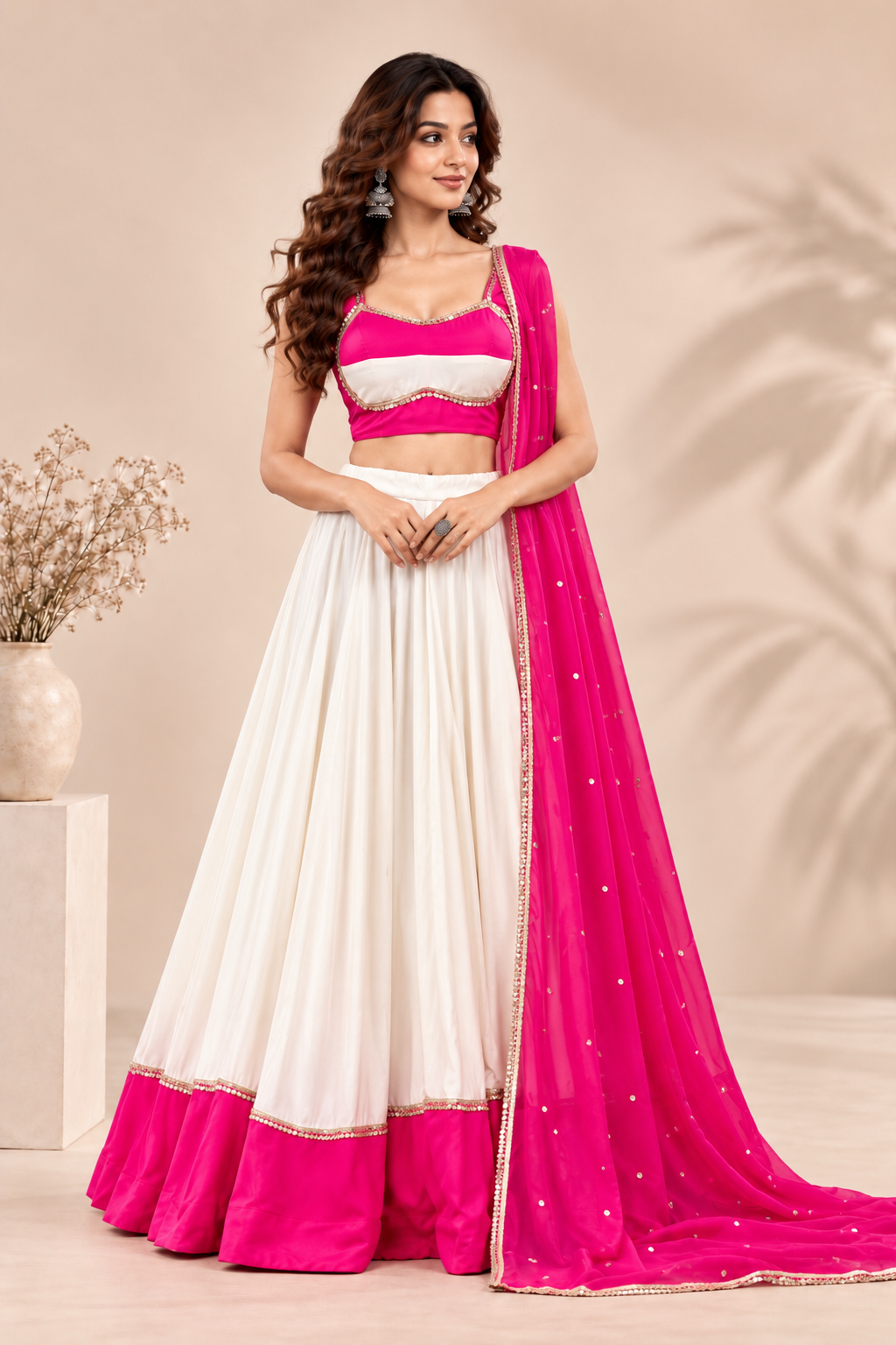 White & Rani Pink Designer Lehenga Choli Set with Net Dupatta