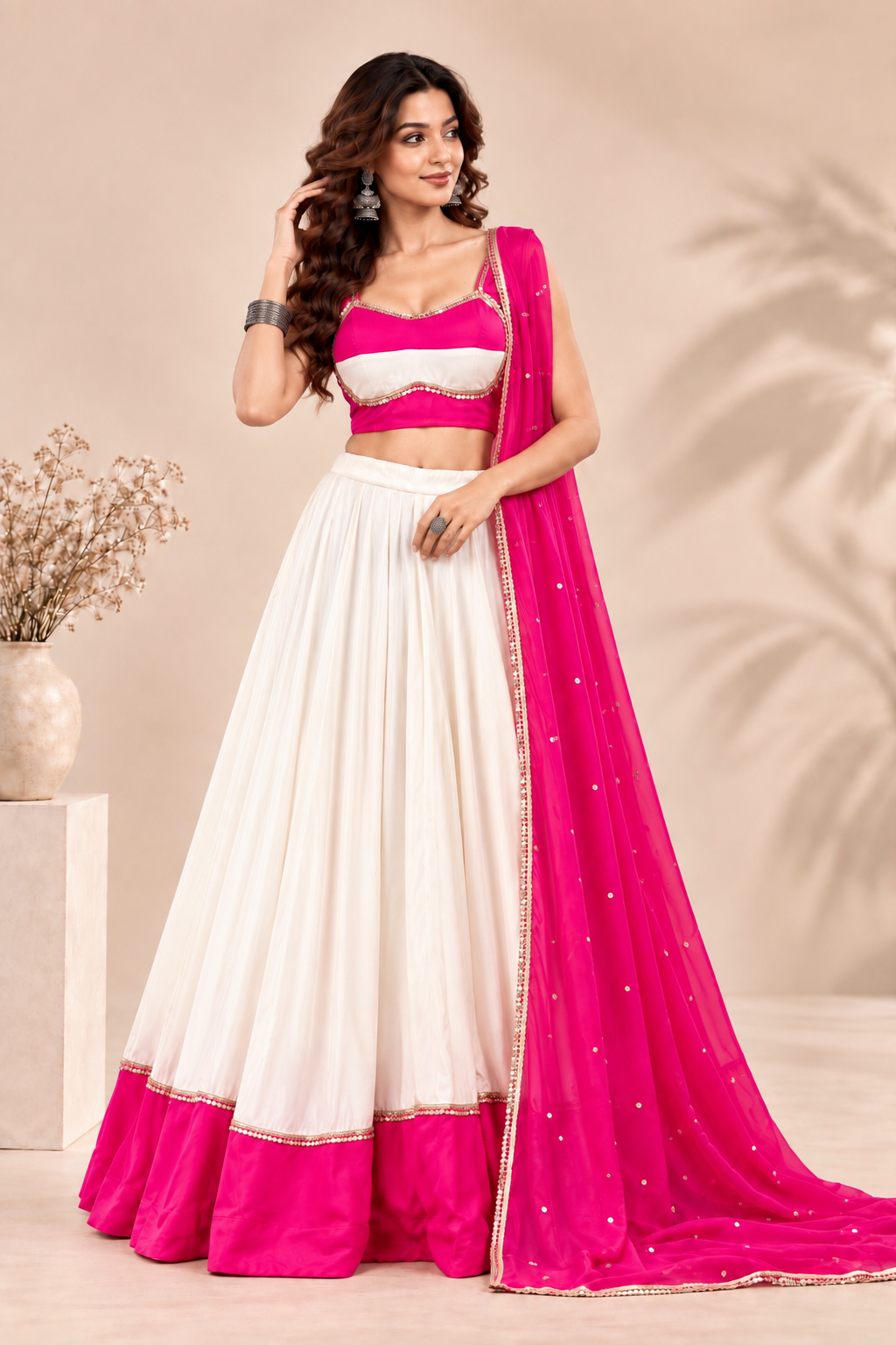 White & Rani Pink Designer Lehenga Choli Set with Net Dupatta