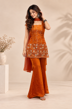 Elegant Rust Orange Embroidered Kurta Palazzo Set