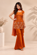 Elegant Rust Orange Embroidered Kurta Palazzo Set