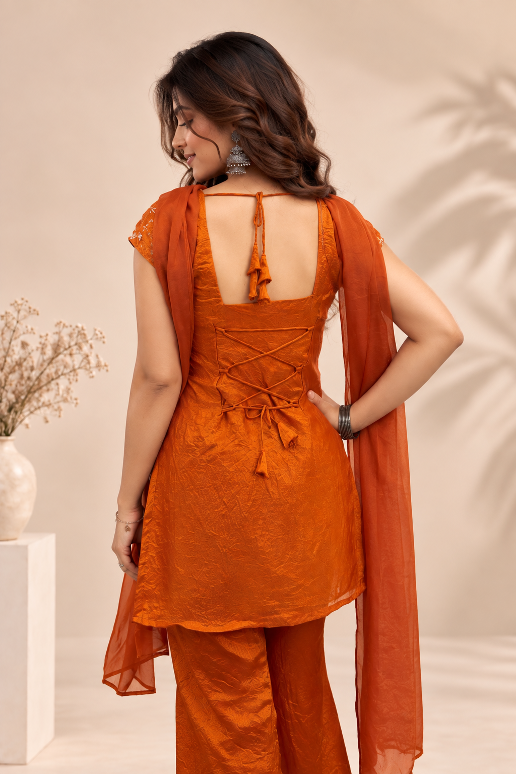 Elegant Rust Orange Embroidered Kurta Palazzo Set