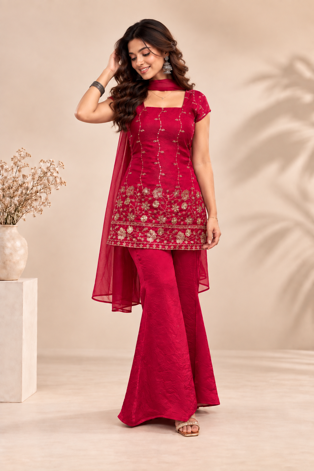 Elegant Magenta Embroidered Kurta Palazzo Set
