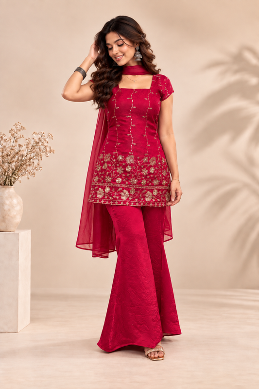 Elegant Magenta Embroidered Kurta Palazzo Set