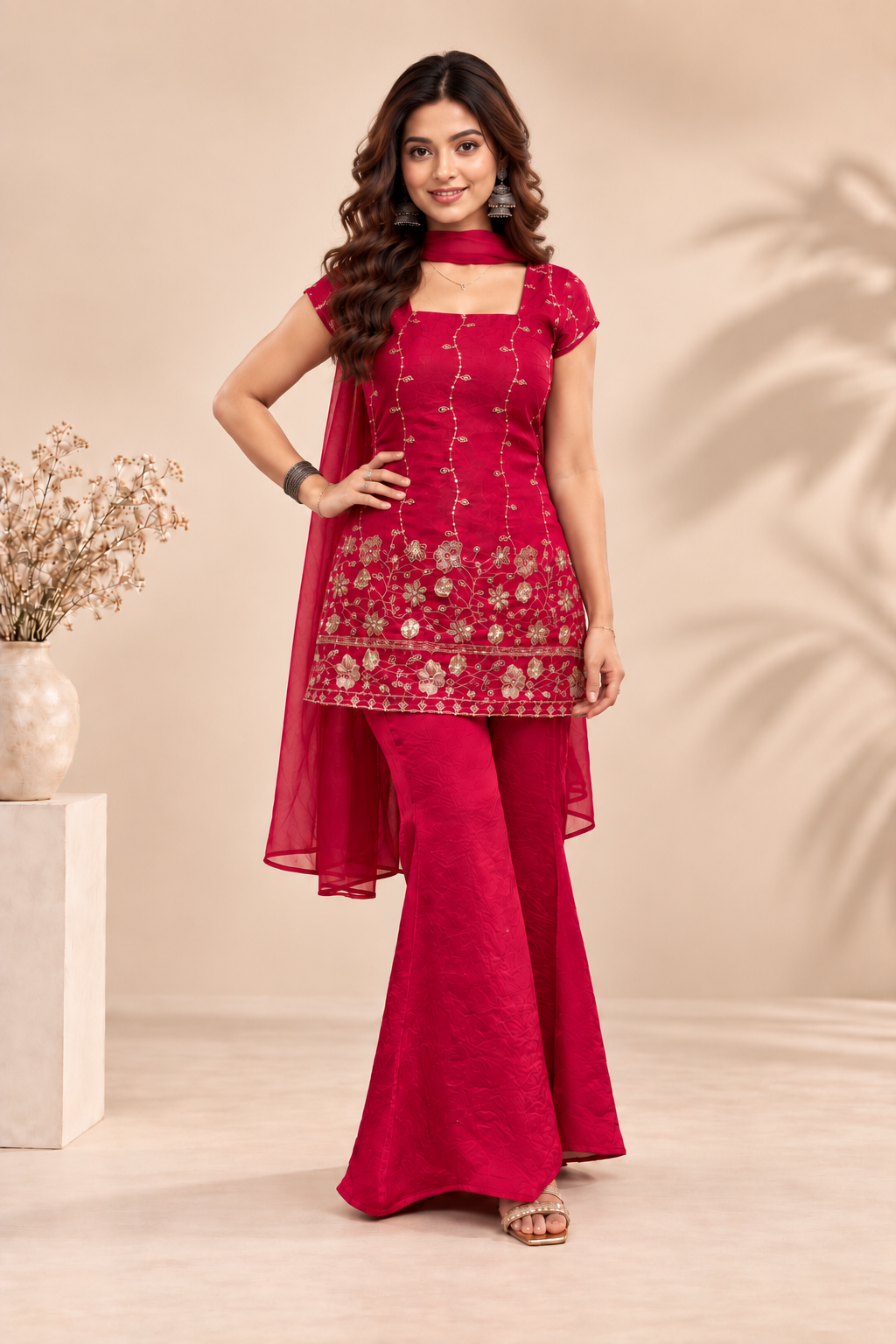 Elegant Magenta Embroidered Kurta Palazzo Set