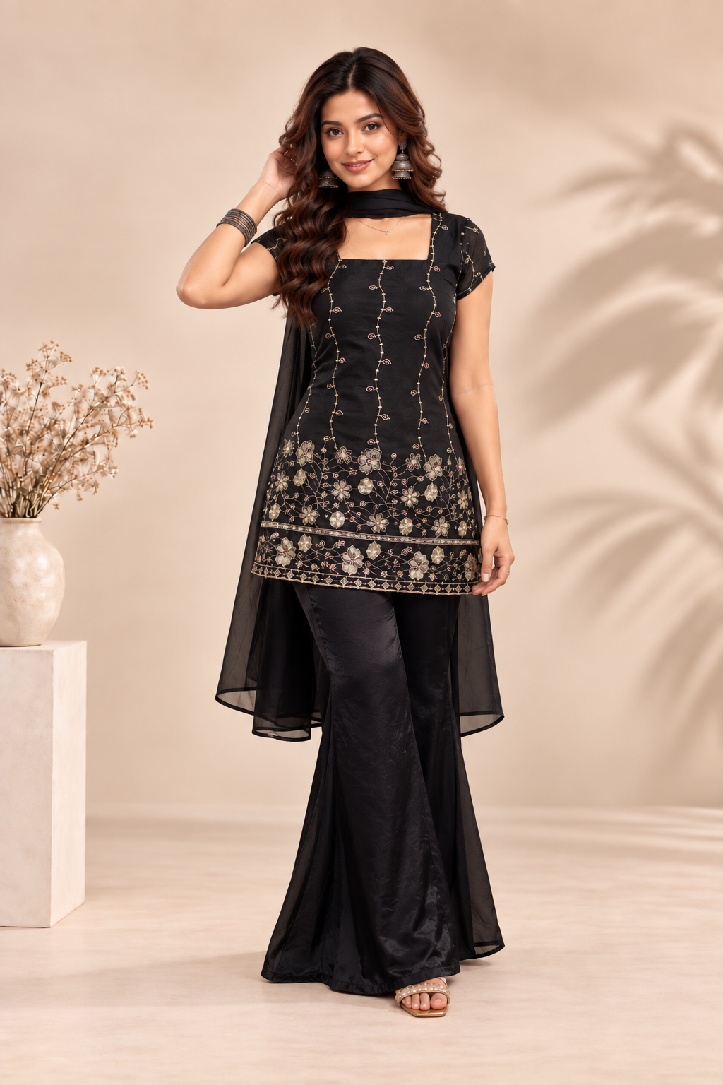 Elegant Black Embroidered Kurta Palazzo Set