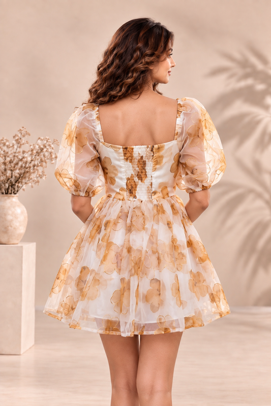 Golden Bloom Organza Mini Dress