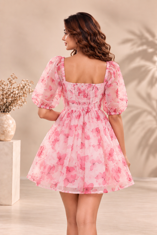 Pink Butterfly Print Organza Mini Dress