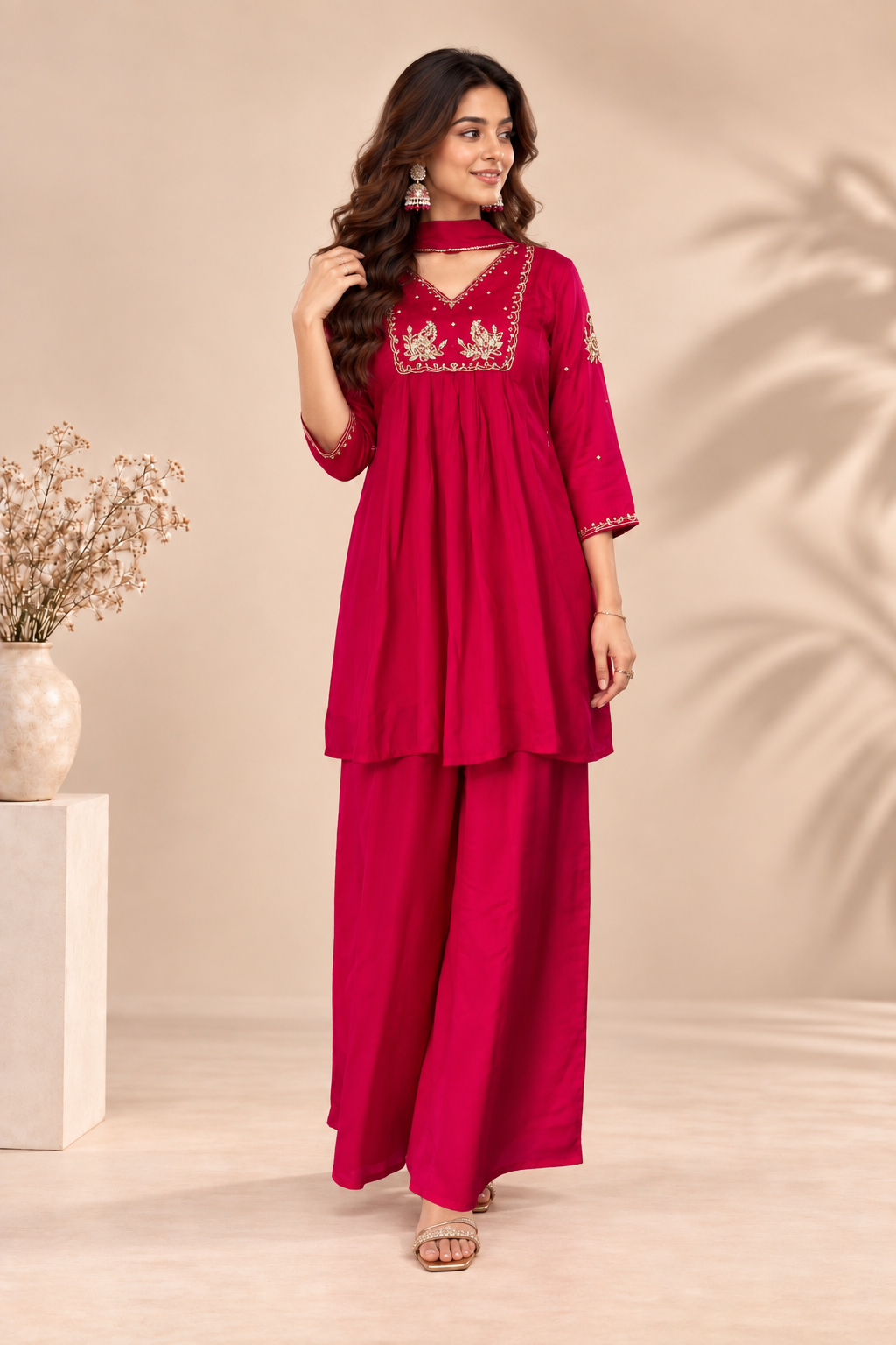 Elegant Fuchsia Embroidered Kurta Palazzo Set with Dupatta