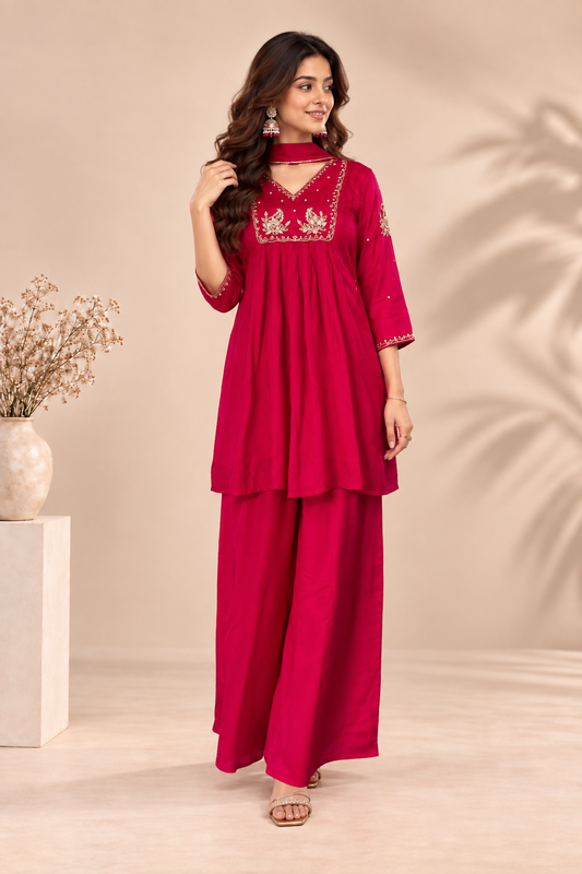 Elegant Fuchsia Embroidered Kurta Palazzo Set with Dupatta