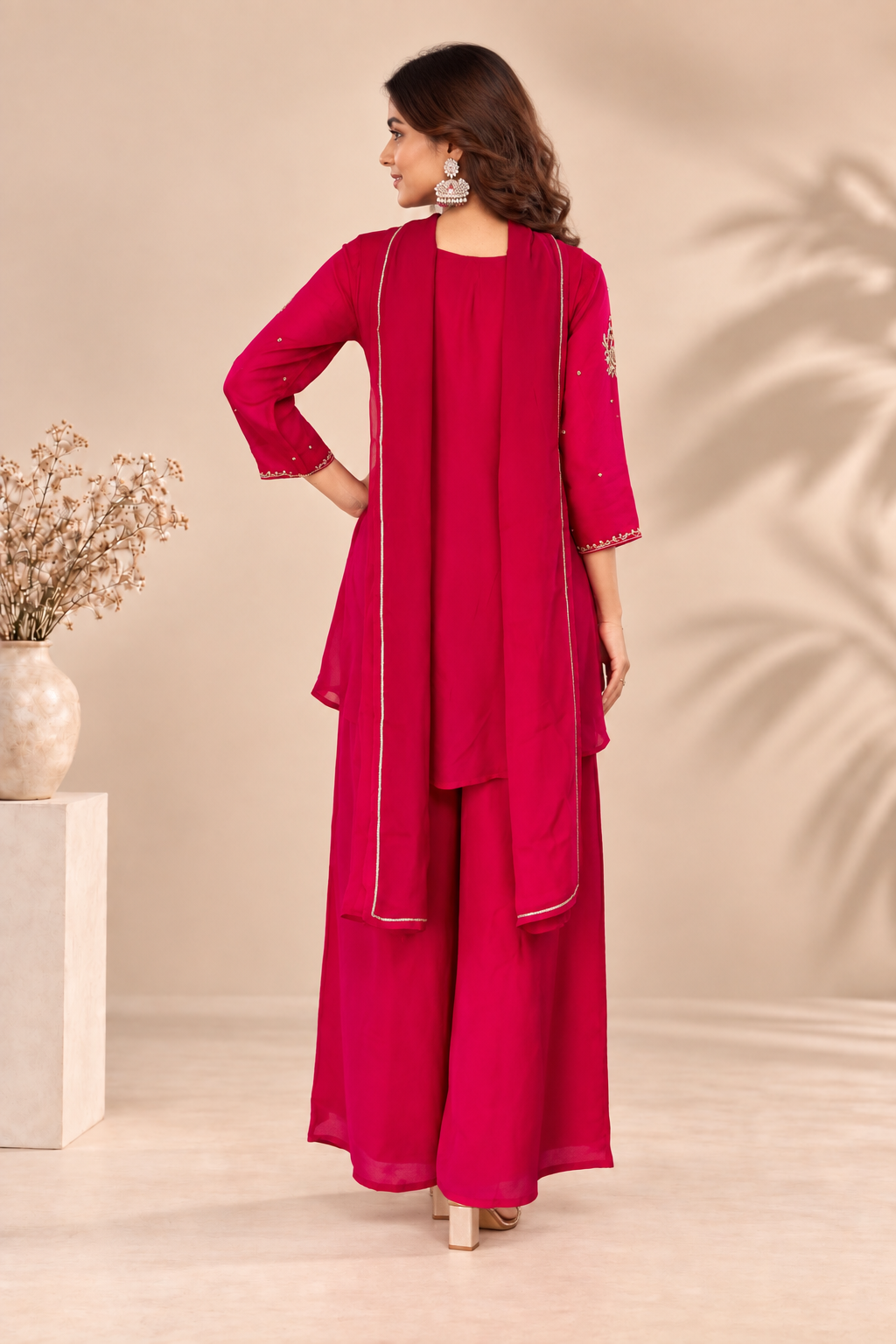 Elegant Fuchsia Embroidered Kurta Palazzo Set with Dupatta