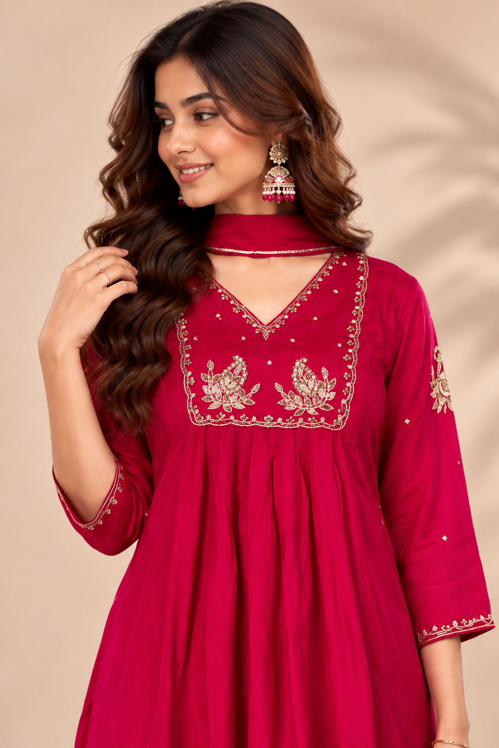 Elegant Fuchsia Embroidered Kurta Palazzo Set with Dupatta