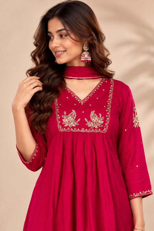 Elegant Fuchsia Embroidered Kurta Palazzo Set with Dupatta