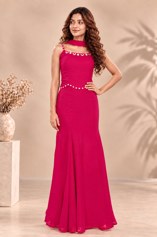 Fuchsia Pink Beaded Spaghetti Strap Marmaid skirt Dress with Matching Dupatta