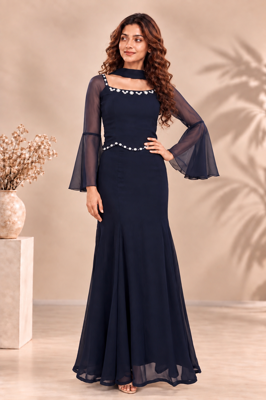 Navy Blue Beaded Flared Sleeve Crop Top and Skirt Set