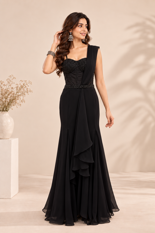 Black Ready-to-Wear Saree with Embellished Corset Blouse