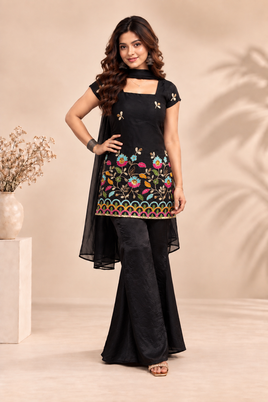 Embroidered Black Kurti Sharara Ensemble with Sheer Dupatta
