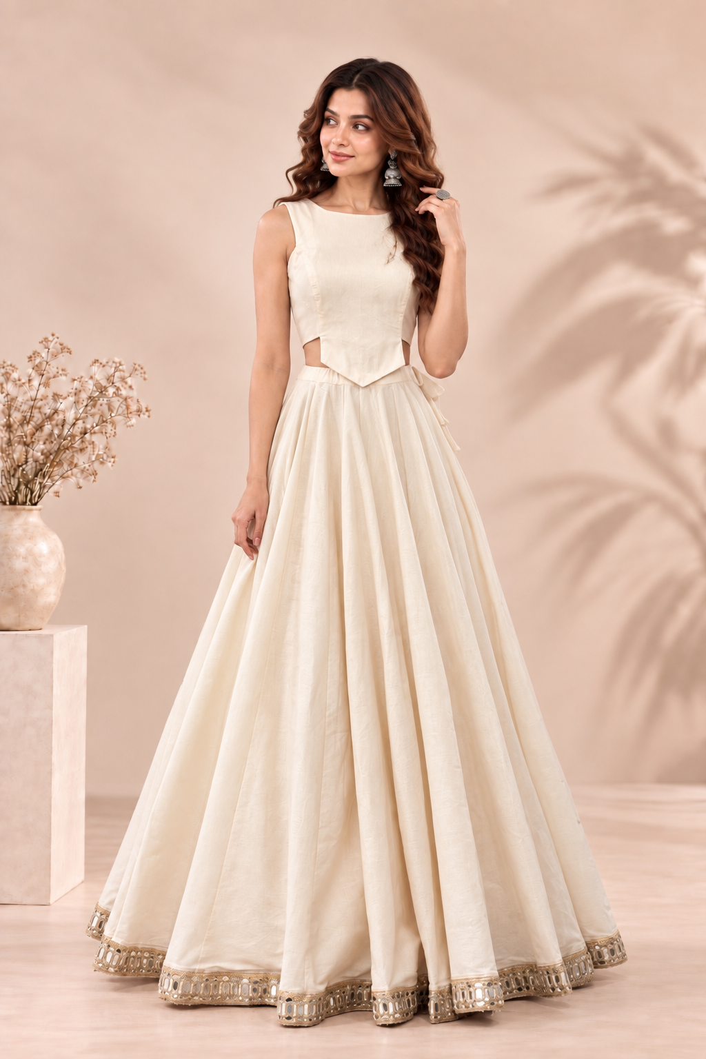 Elegant Plain Ivory Corset-Hem Lehenga Choli Set