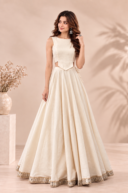 Elegant Plain Ivory Corset-Hem Lehenga Choli Set