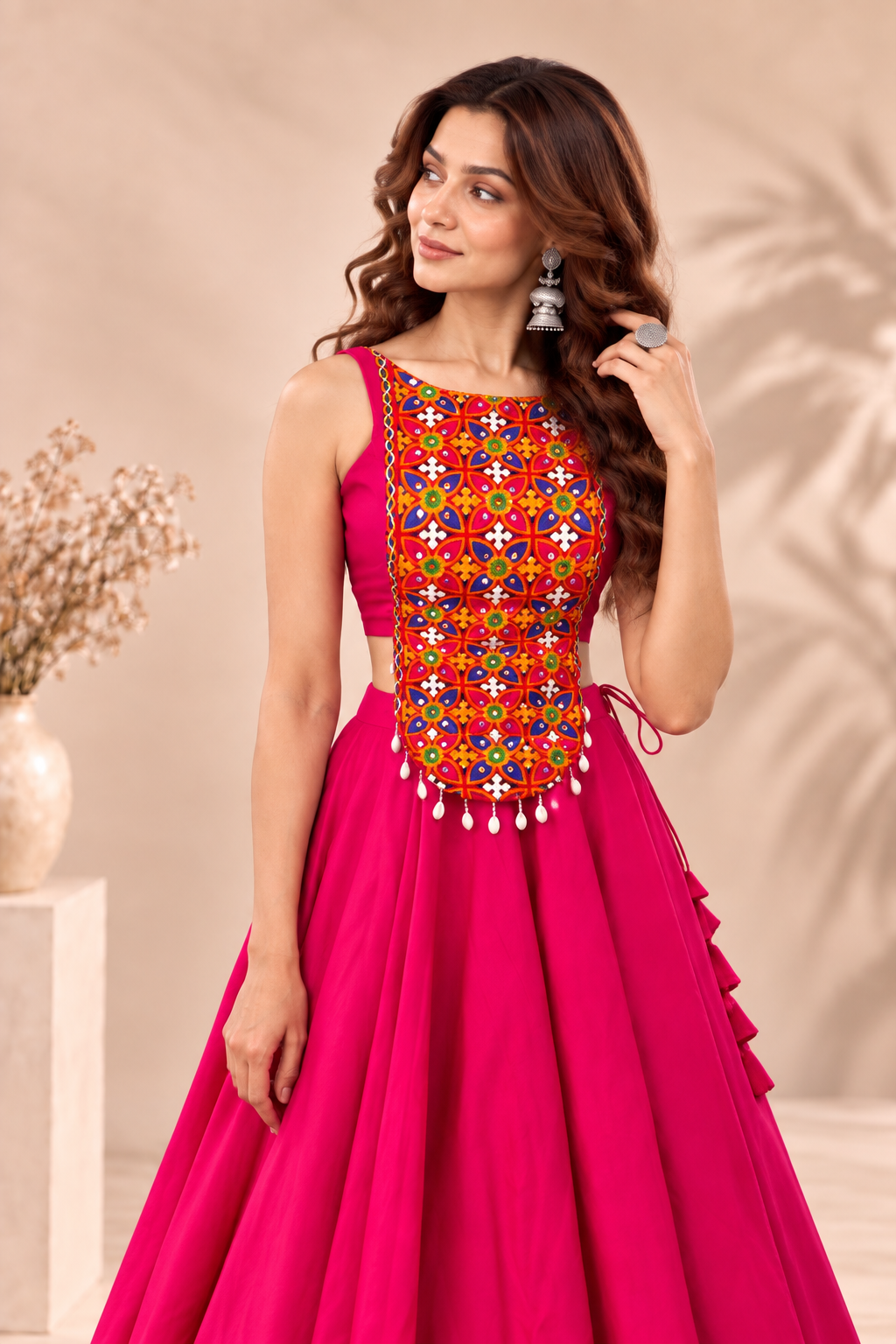 Rani Pink Navratri Lehenga Choli with Multicolored Kutchi Embroidered Top & Cowrie Shells