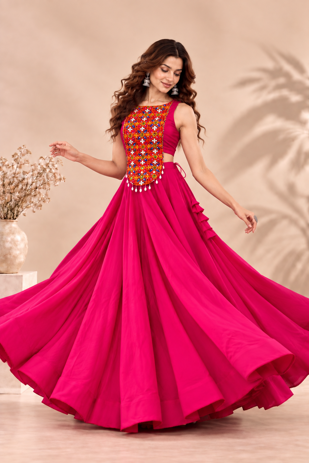Rani Pink Navratri Lehenga Choli with Multicolored Kutchi Embroidered Top & Cowrie Shells