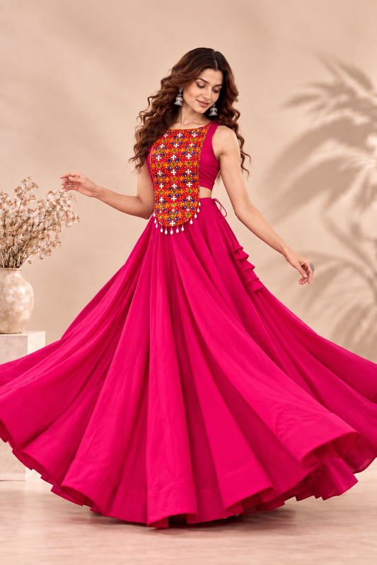 Rani Pink Navratri Lehenga Choli with Multicolored Kutchi Embroidered Top & Cowrie Shells