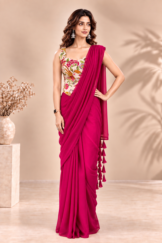 Wine Ready-to-Wear Saree with Floral Embroidered Corset Blouse | Pre-Stitched Designer Party Wear Saree