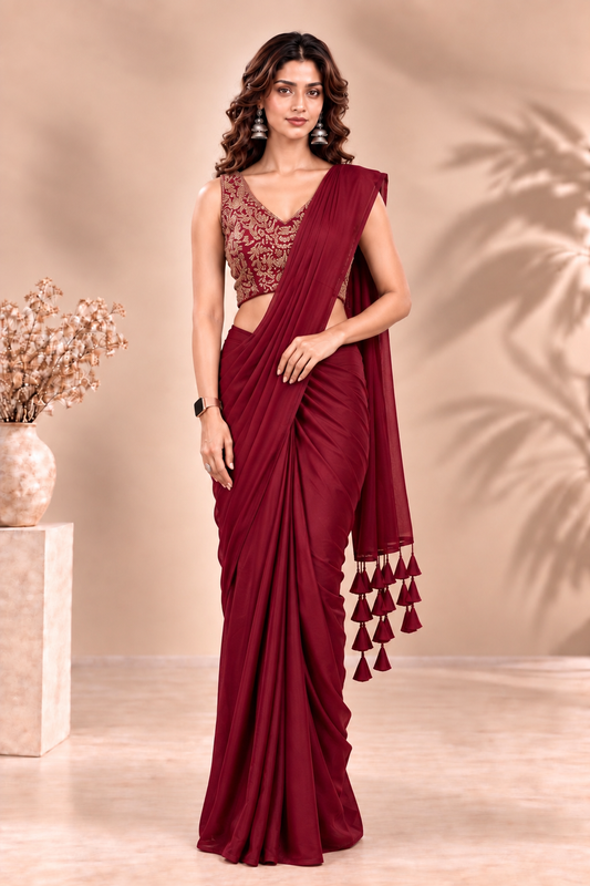 Wine Red Ready-to-Wear Saree with Embroidered Blouse