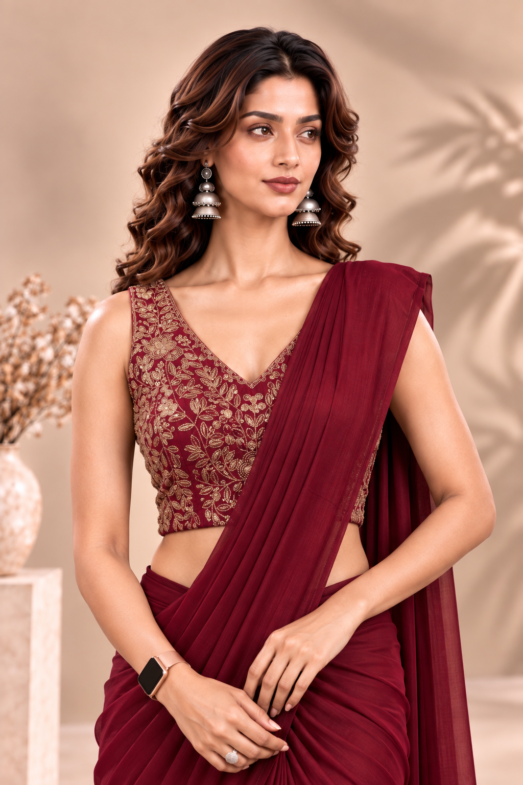 Wine Red Ready-to-Wear Saree with Embroidered Blouse
