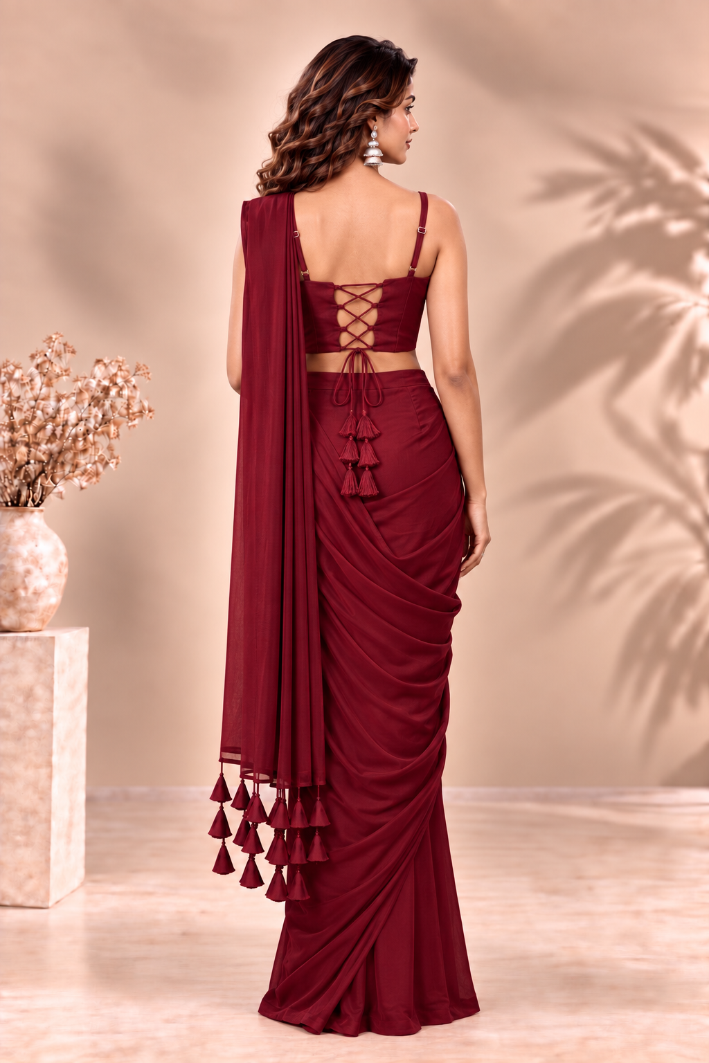 Wine Red Pre-Stitched Saree with Embroidered Corset Blouse