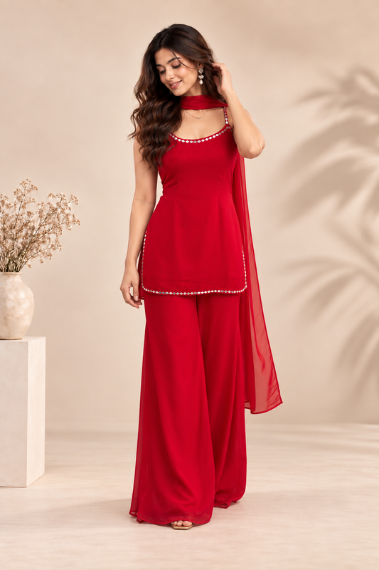 Elegant Red Kurti Palazzo Set with Embellished Neckline & Dupatta