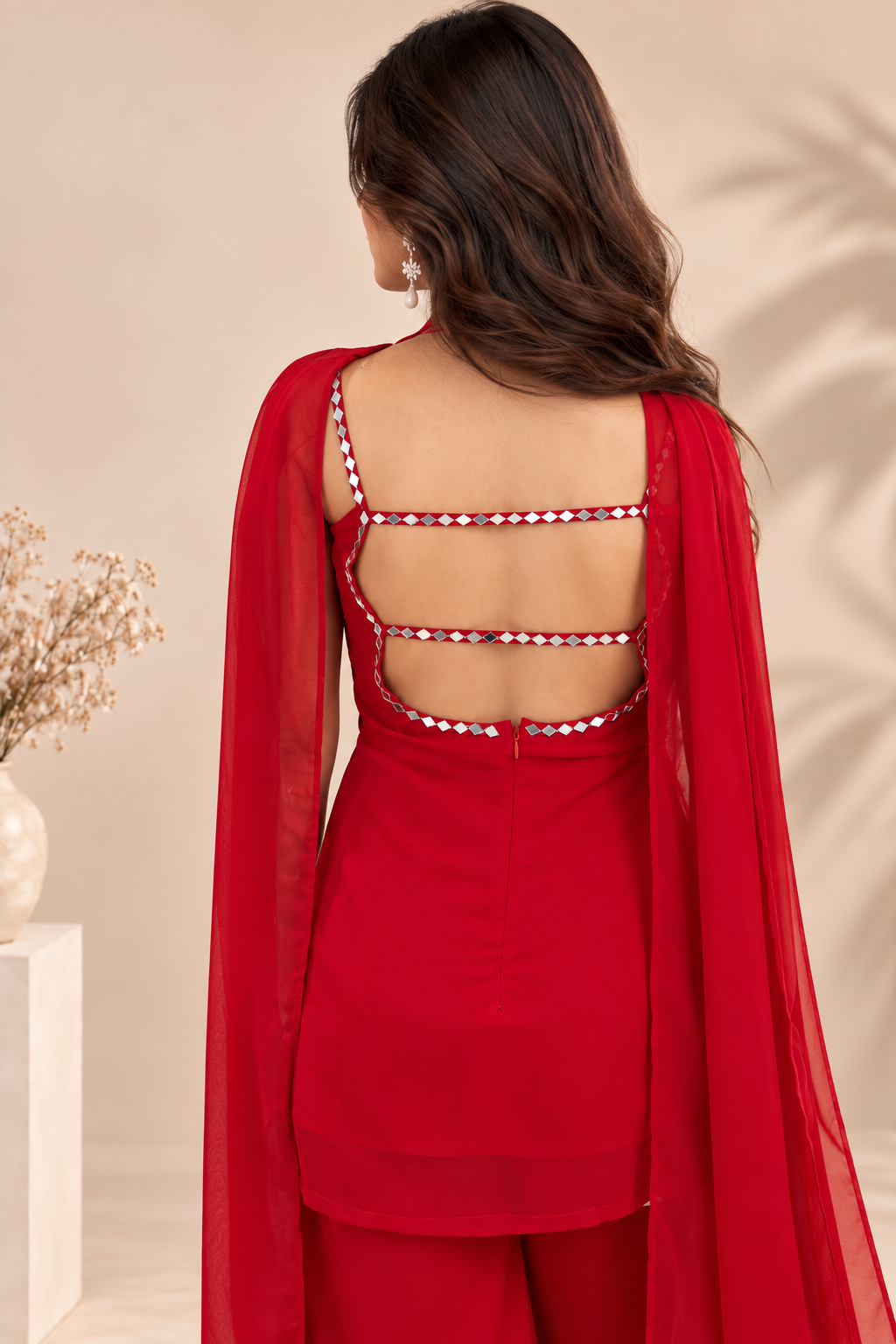 Elegant Red Kurti Palazzo Set with Embellished Neckline & Dupatta