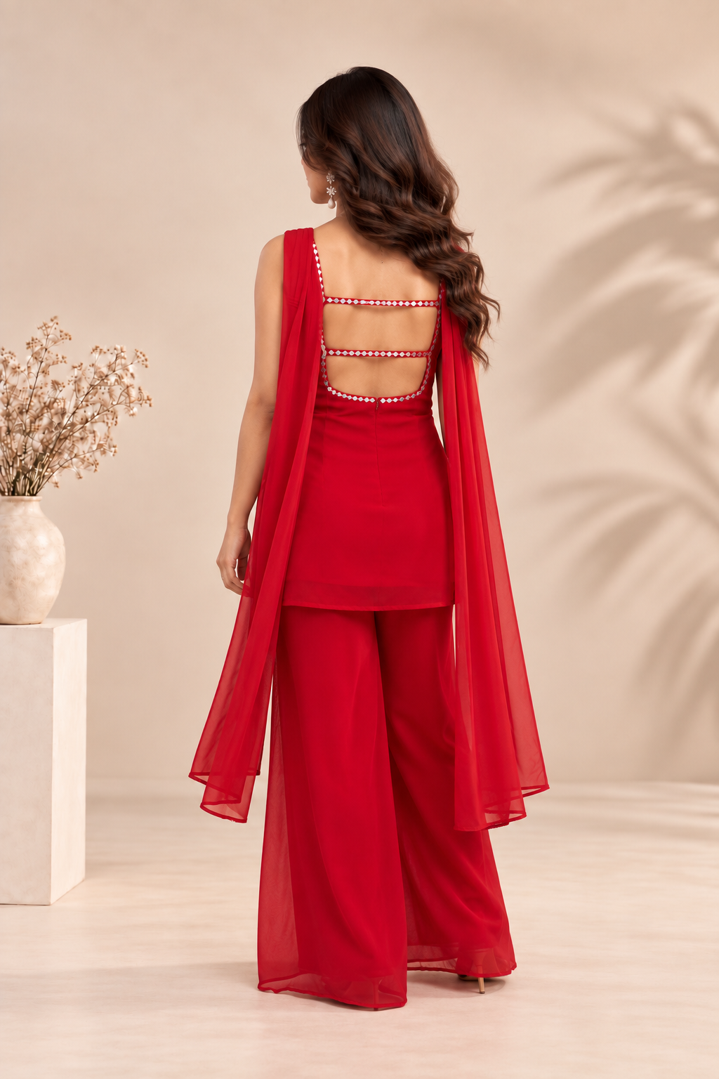Elegant Red Kurti Palazzo Set with Embellished Neckline & Dupatta