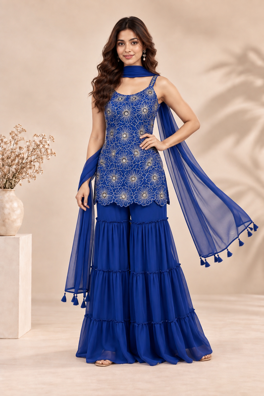 Royal Blue Floral Embroidered Sharara Suit with Sheer Dupatta