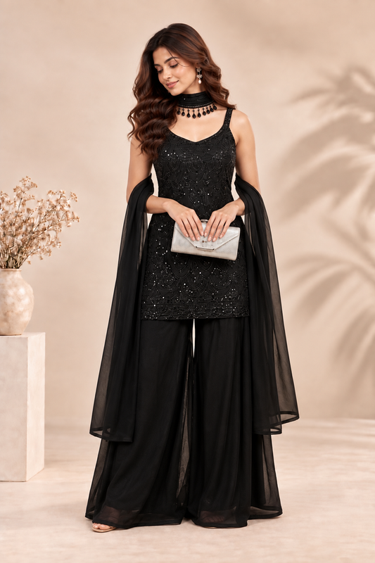 Elegant Black Embroidered Palazzo Suit with Sheer Dupatta