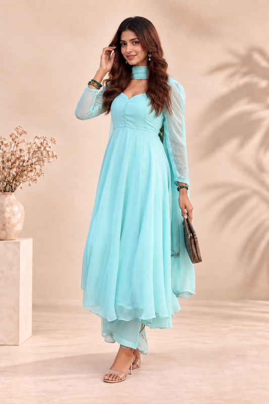 Elegant Pastel Aqua Anarkali Suit with Sheer Dupatta