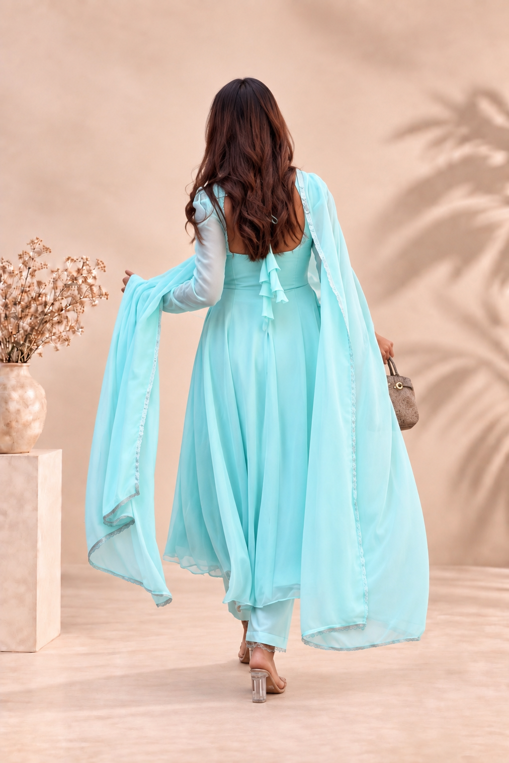 Elegant Pastel Aqua Anarkali Suit with Sheer Dupatta