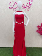 Red Beaded Halter Neck Crop Top and Flared Skirt Set - DevishaFashion
