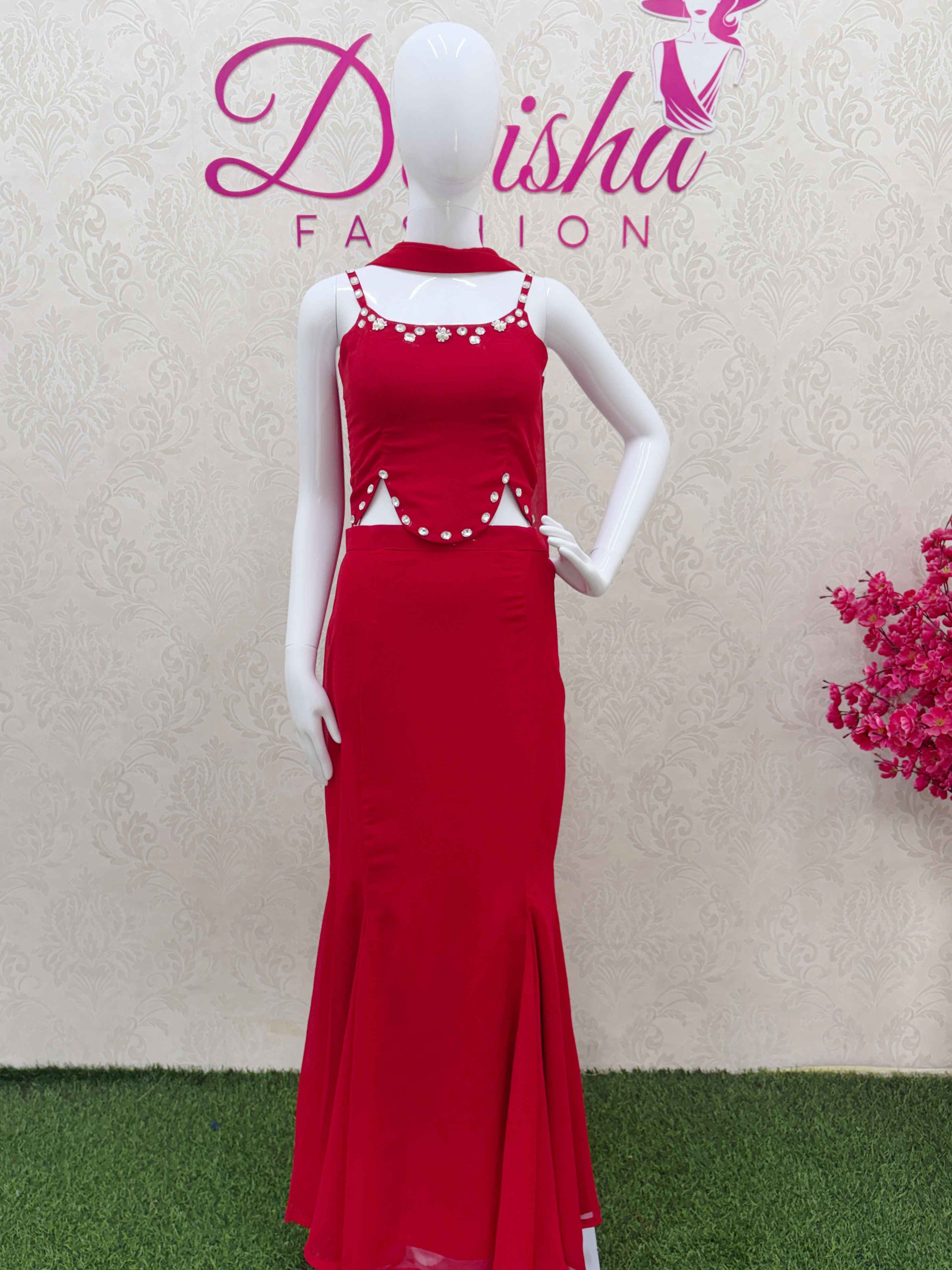 Red Beaded Halter Neck Crop Top and Flared Skirt Set - DevishaFashion