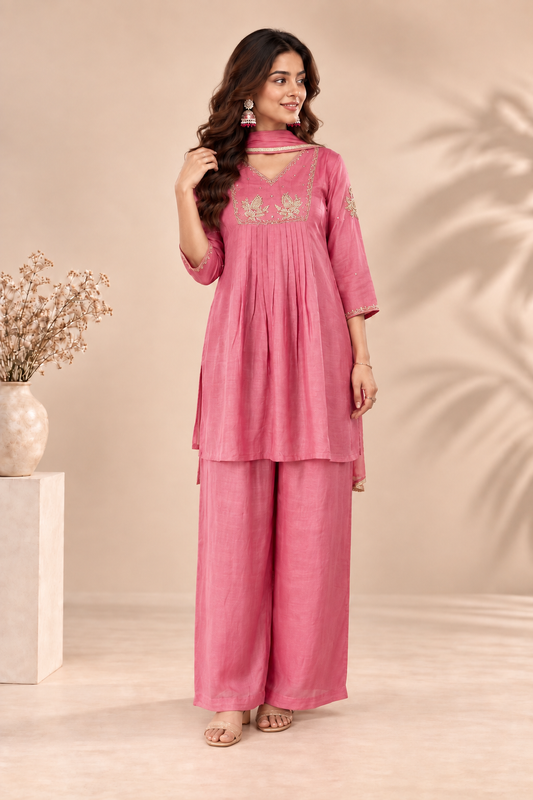 Elegant Dusty Rose Embroidered Kurta Palazzo Set with Dupatta