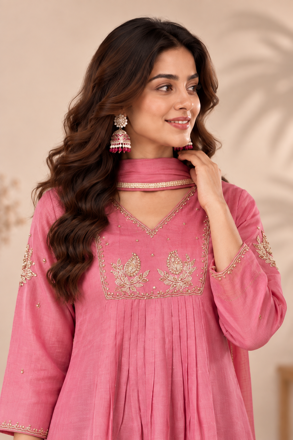 Elegant Dusty Rose Embroidered Kurta Palazzo Set with Dupatta