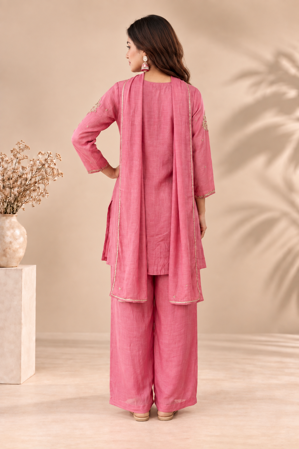 Elegant Dusty Rose Embroidered Kurta Palazzo Set with Dupatta