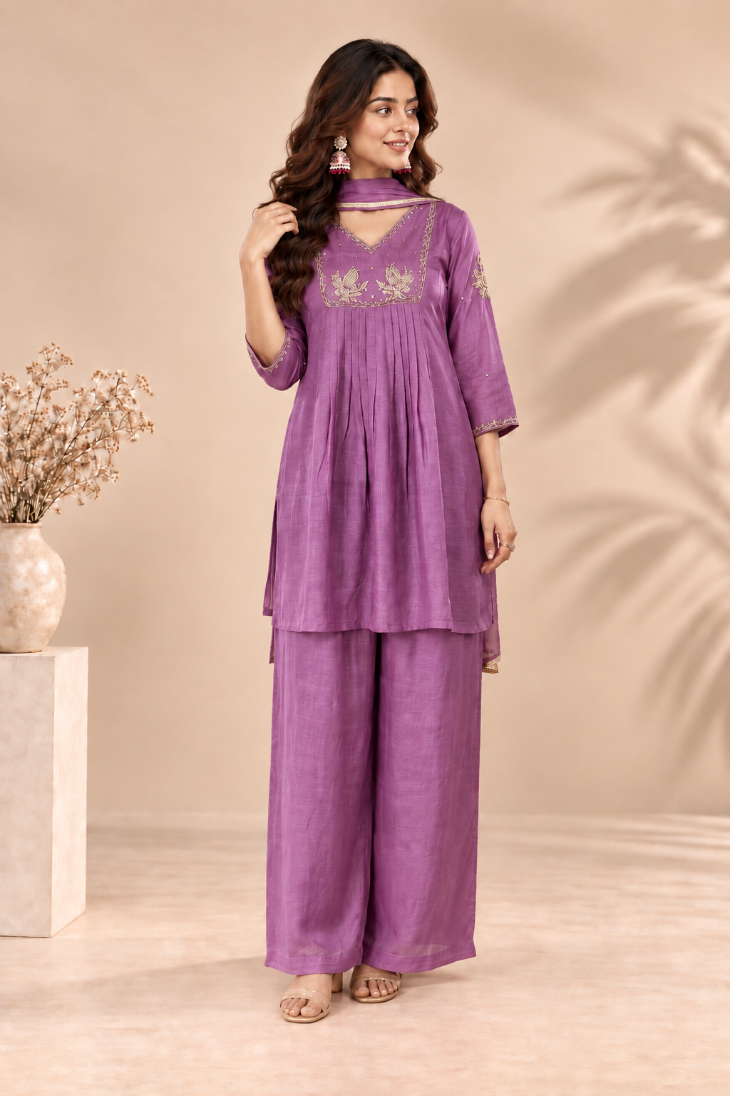 Elegant Lavender Embroidered Kurta Palazzo Set with Dupatta