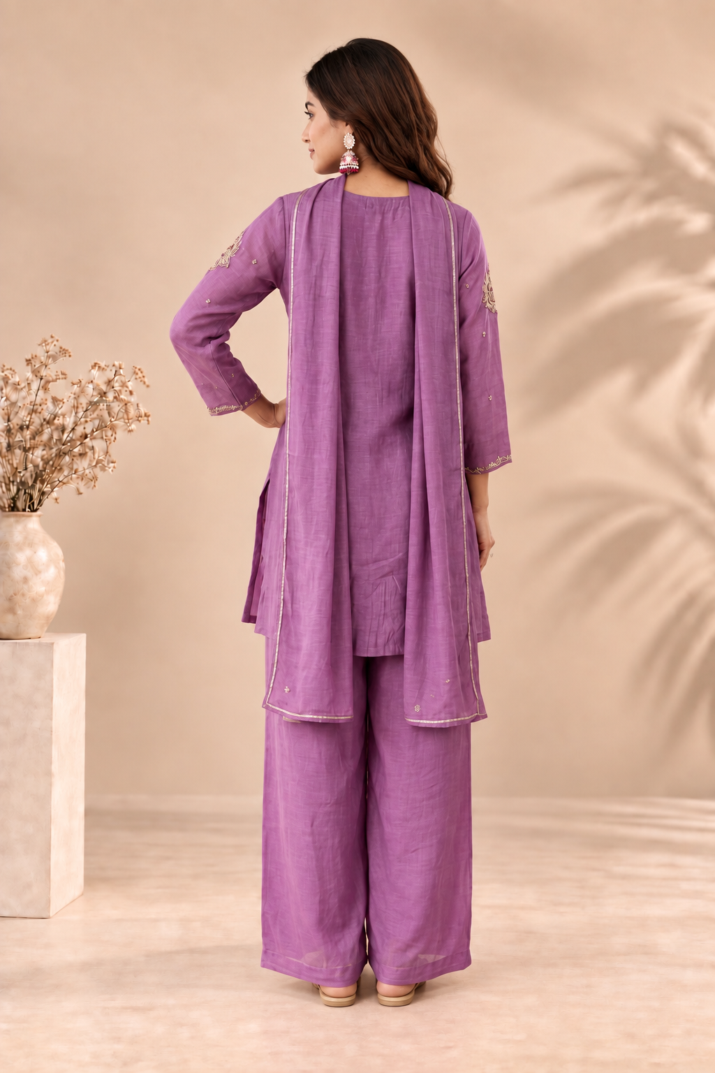 Elegant Lavender Embroidered Kurta Palazzo Set with Dupatta